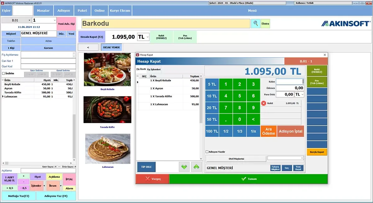 Restoran AKINSOFT program görünümü